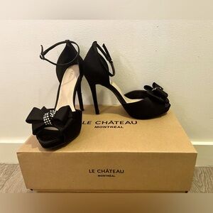 Size 6 Black Satin w Rhinestone Bow Heel and Ankle Straps from Le Château.